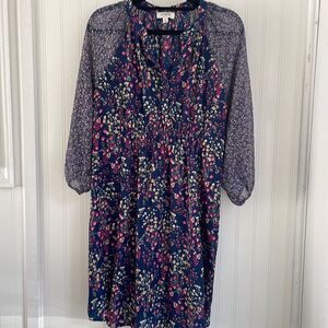 UMGEE mixed floral midi dress with semi-sheer‎ balloon sleeves smocked waist M